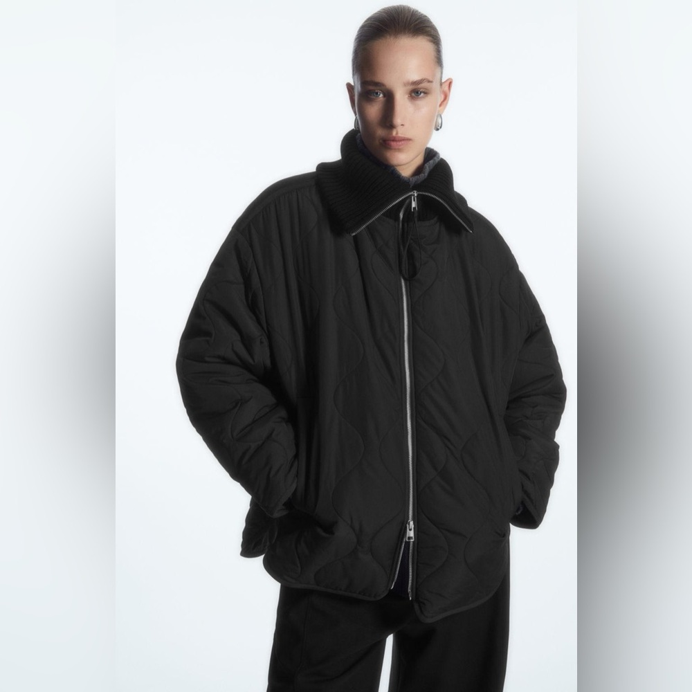 COS oversized knitted collar quilted jacket in brown/burgundy